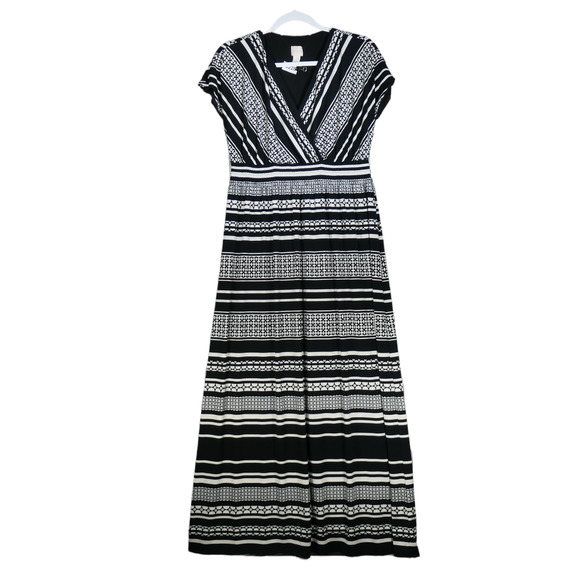 Chicos Maxi Dress Womens Size 1 Small Black White Faux Wrap Stretch Slinky - Picture 1 of 6